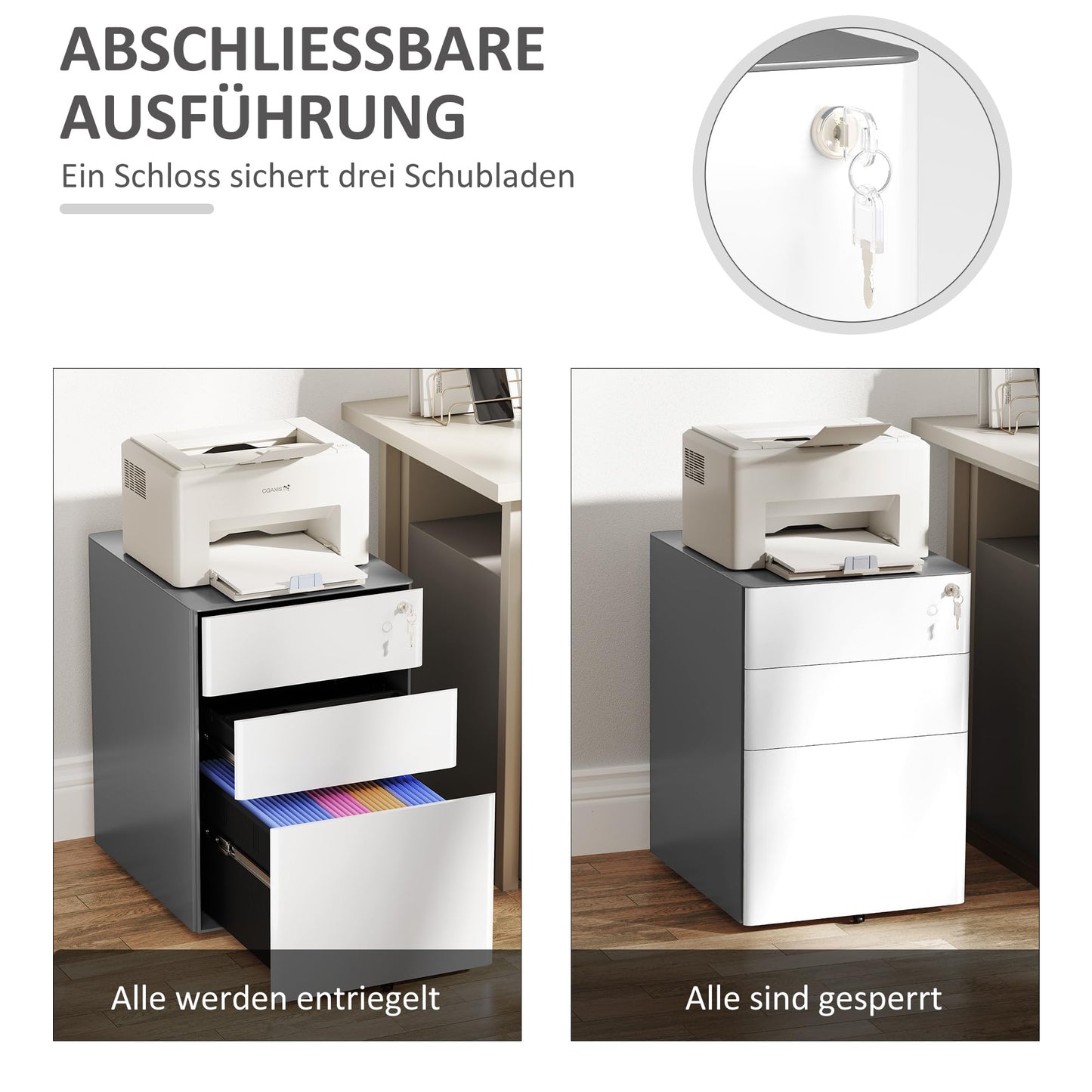 Vinsetto Rollcontainer, mobiler Aktenschrank mit 3 Schubladen, abschließbarer Büroschrank mit Hängeregistratur, Aufbewahrung, Stahl, 39 x 48 x 59 cm Weiß+Grau