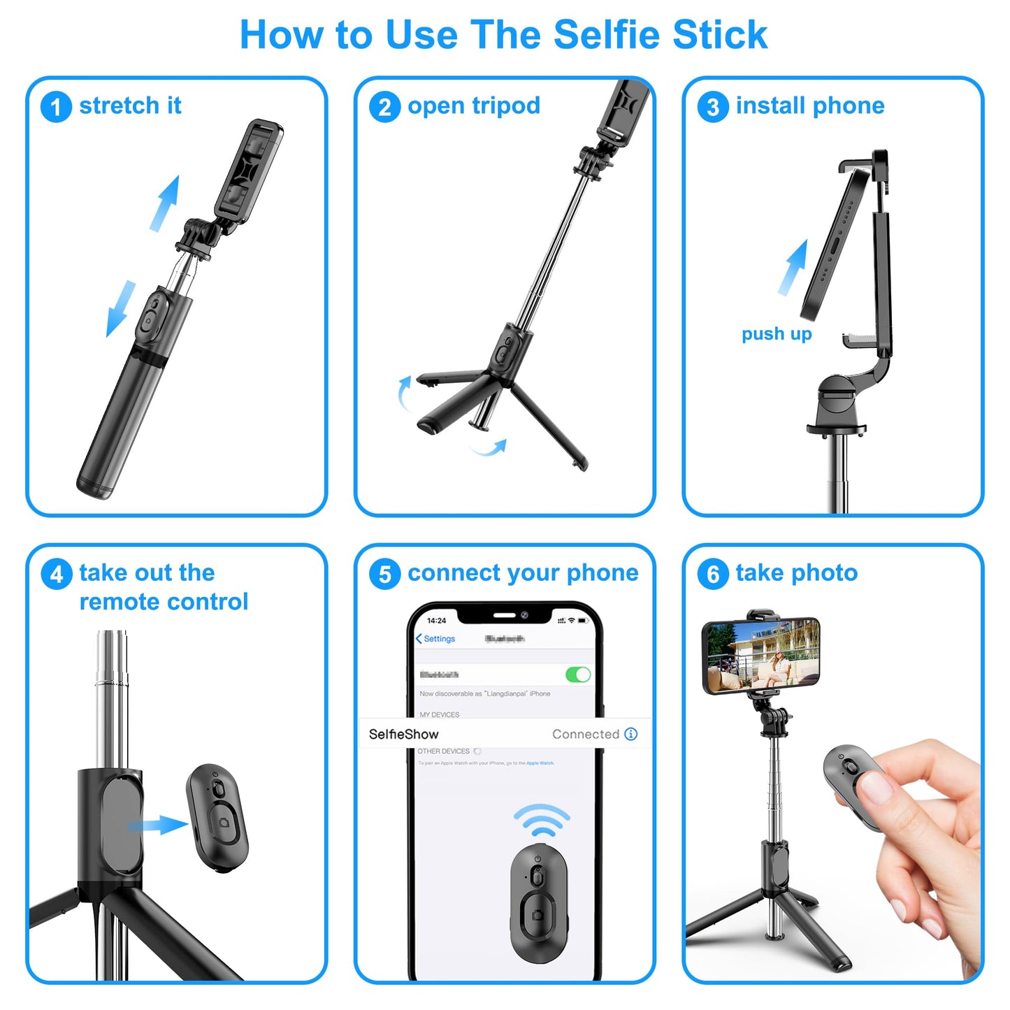 SelfieShow Selfie Stick Stativ, Erweiterbar Selfie-Stange mit Kabelloser Fernbedienung Tragbar Monopod Handyhalter Kompatibel mit iPhone 15/14/13/12/11 Pro/XS Max/XS/X/8/7, Samsung Huawei Smartphones