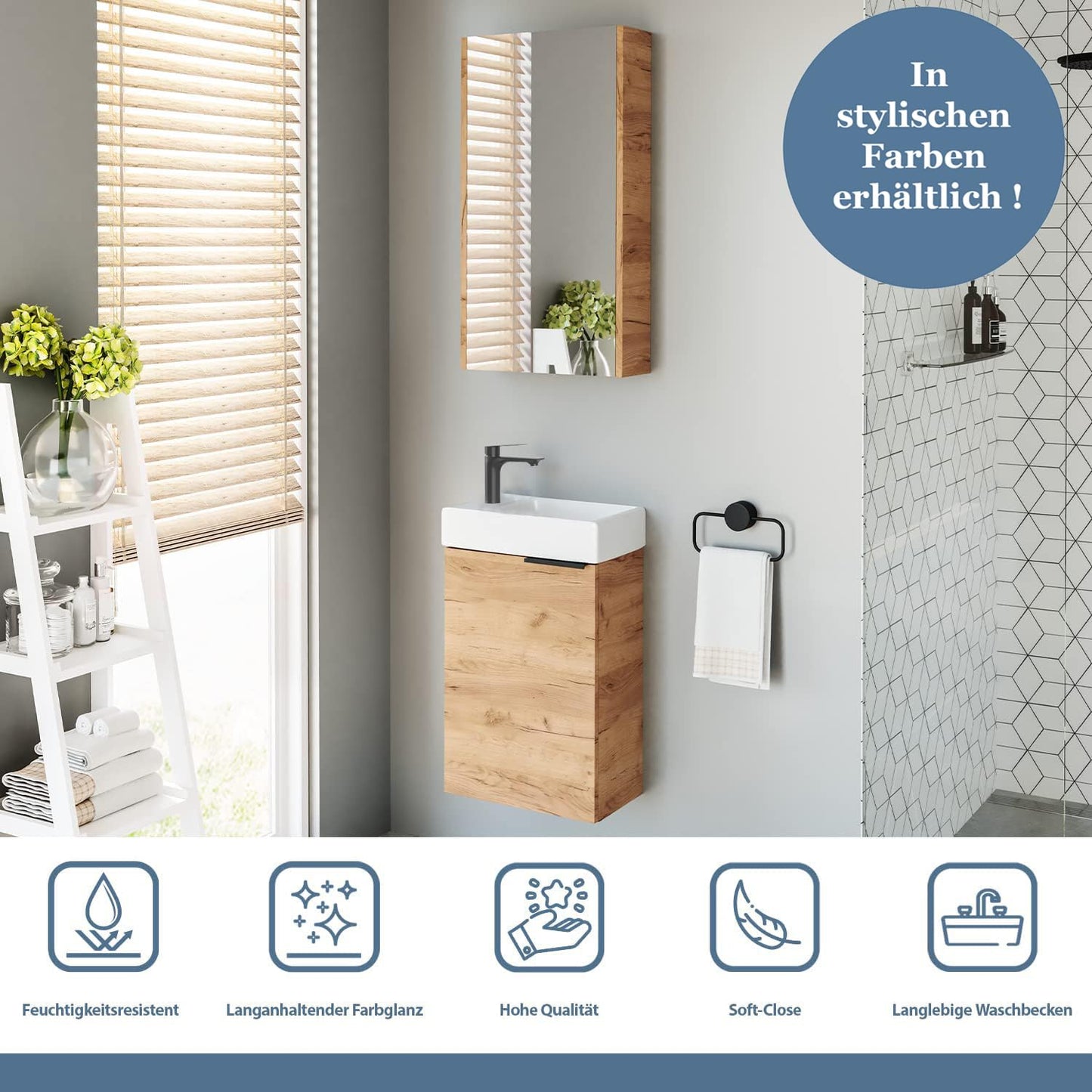 Planetmöbel Waschtischunterschrank mit Keramikwaschbecken 40cm in Gold Eiche mit Armatur in Schwarz matt, Badmöbelset für Badezimmer, Gäste WC