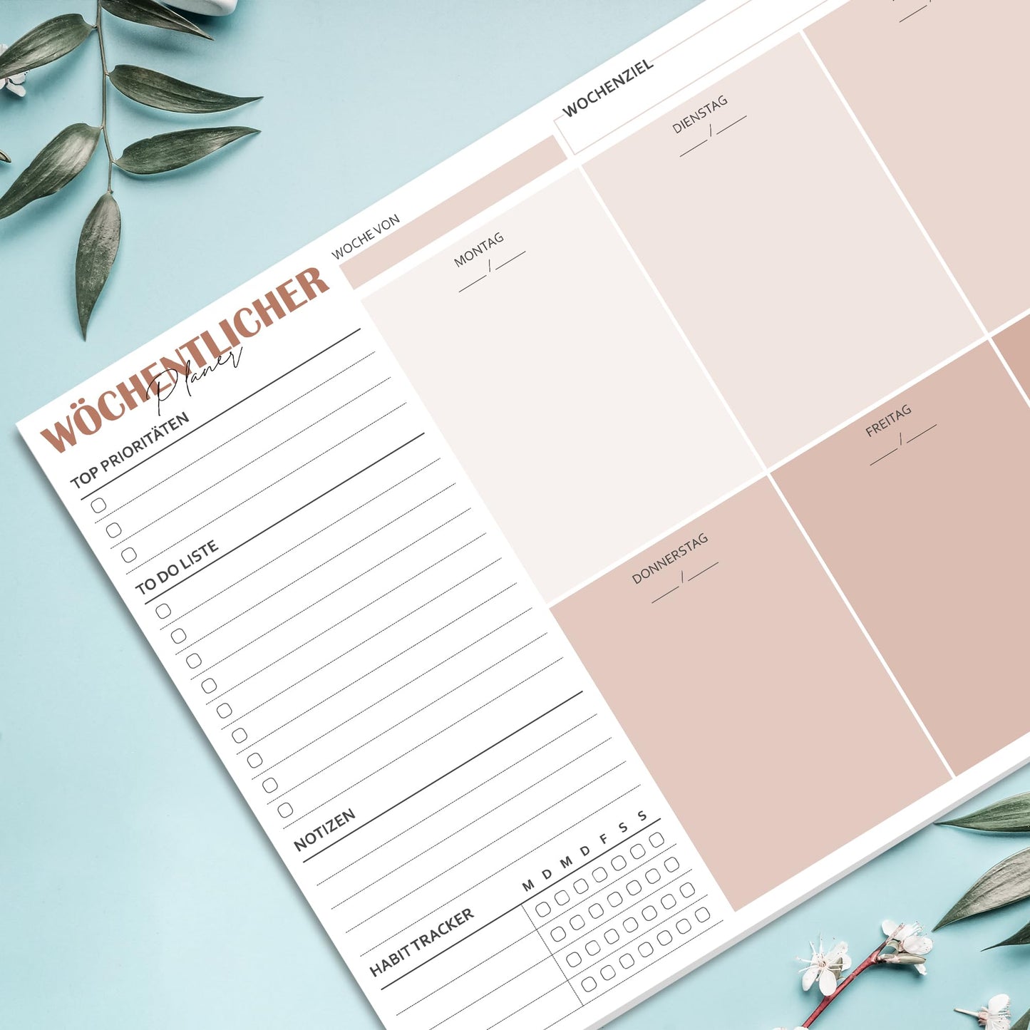 BIROYAL Wochenplaner Block A4 ohne festes Datum (50 Seiten), Schreibtischunterlage mit ToDo Liste, Wochenkalender Wochen Planer mit Wochenübersicht&Habit-Tracker für Termine, Aufgaben& Notizen (Braun)