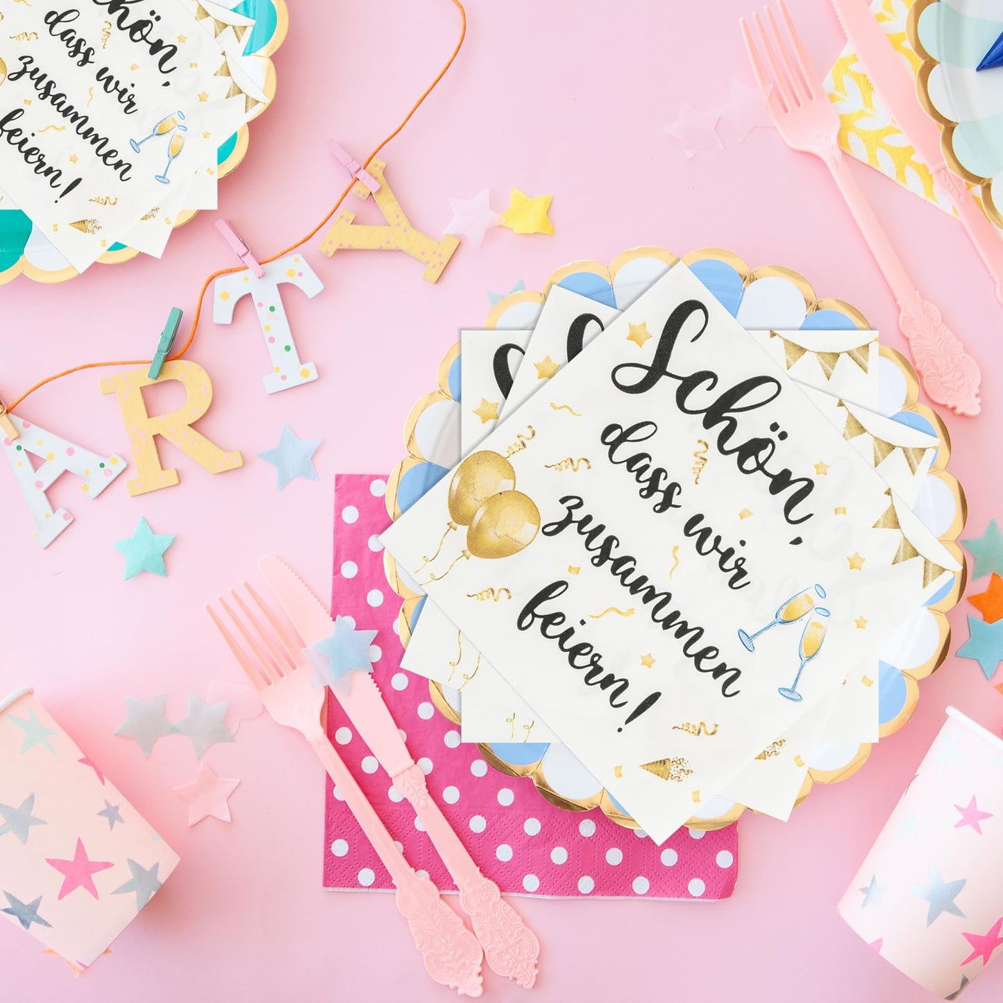40 Stück Servietten Geburtstag 33X33cm,Servietten Spruch Schön, dass wir zusammen feiern,Weiß Partyservietten,für Geburtstag zur Babyparty Taufe und Hochzeit
