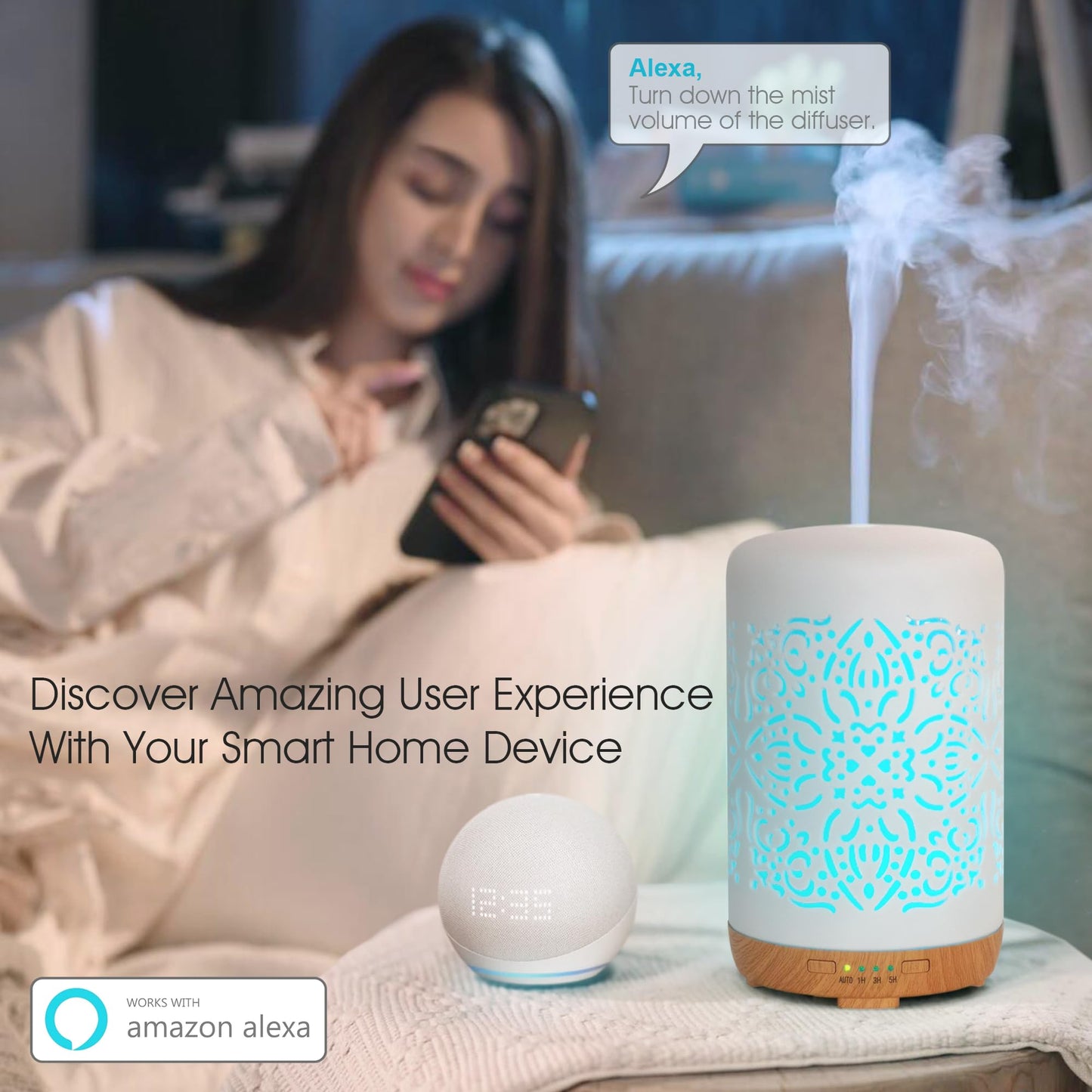 Earnest Living Smart WiFi Diffusor für ätherische Öle Keramik diffusor 250 ml mit Alexa Google Home App Telefonsteuerung LED und automatischer Abschaltung Büro-Luftbefeuchter Aromatherapie Weiß