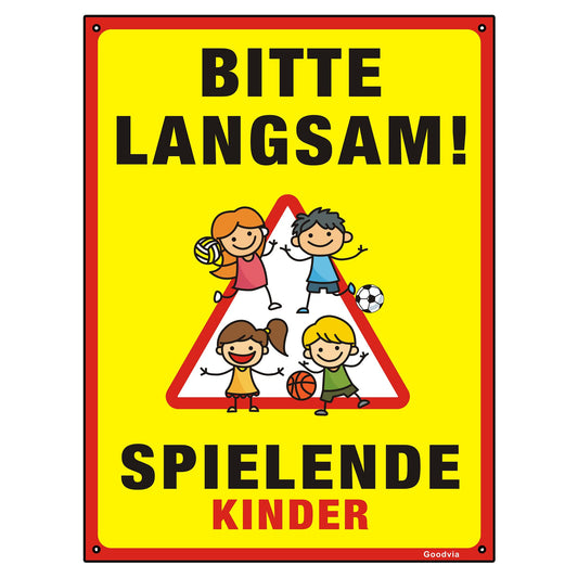 Goodvia XXL Schild Spielende Kinder 40 x 30 cm Kunststoff Schild Bitte Langsam Fahren Schild Groß Warnschild mit UV Schutz für Außenbereich Innenbereich