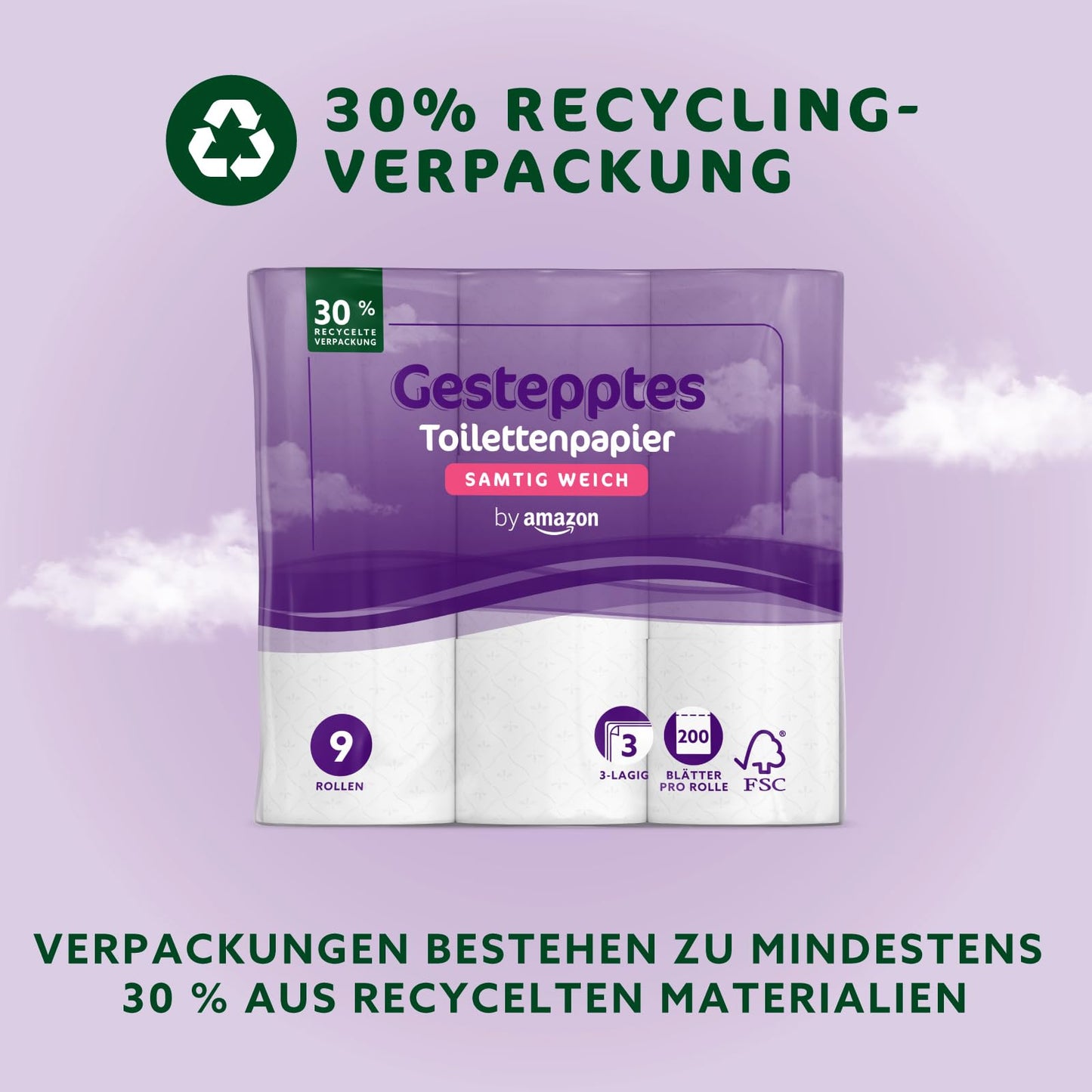 by Amazon Toilettenpapier, 3-lagig Gestepptes, Samtig Weich, 36 Rollen (9 Rollen, 4-er Pack), 200 Blätter pro Rolle, FSC-Zertifiziert