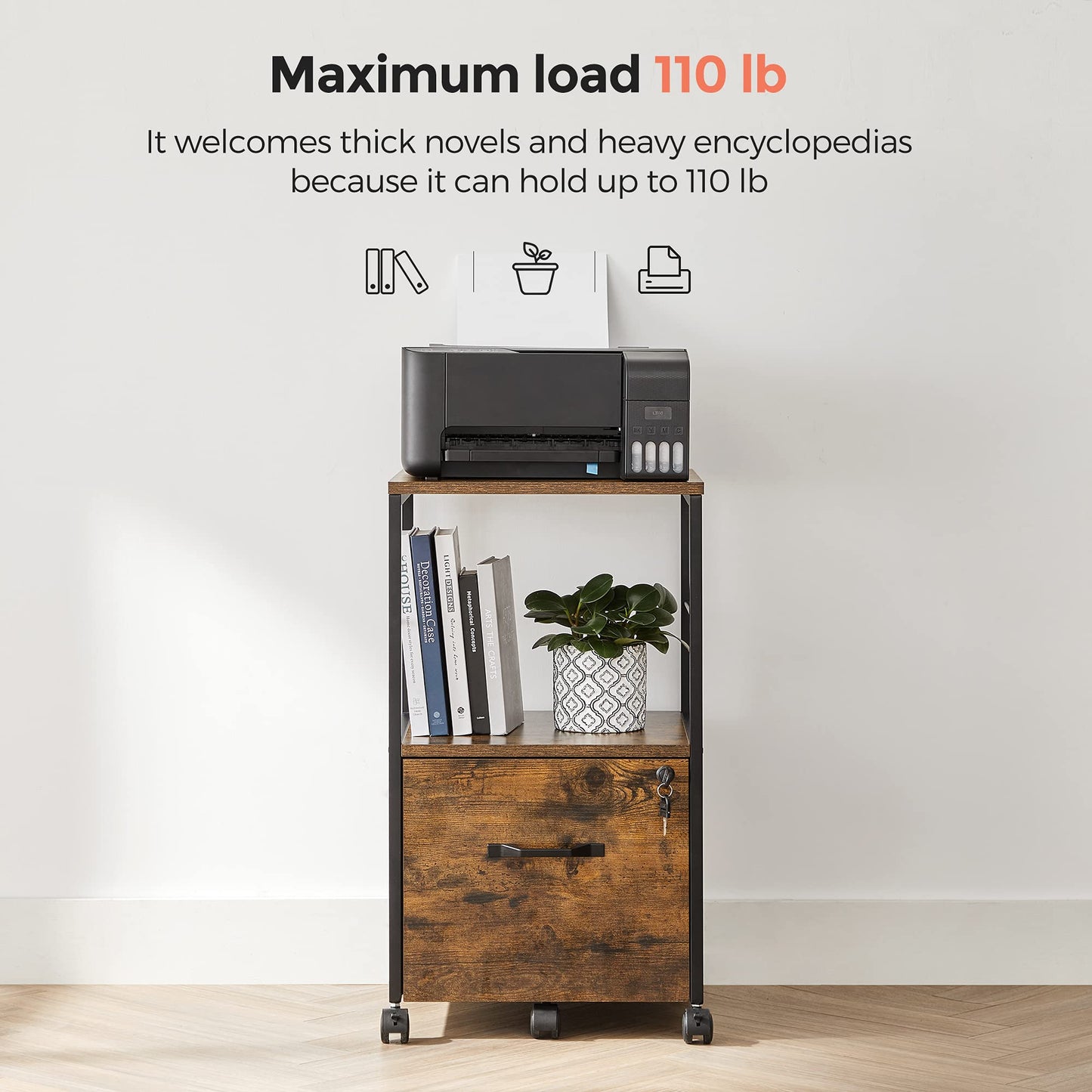 VASAGLE Aktenschrank mit 1 Schublade, Aktenschrank mit Schloss, Druckerständer, Büro-Aktenschrank-Organizer, für A4- und Briefformat, rustikales Braun und Schwarz UOFC044B01