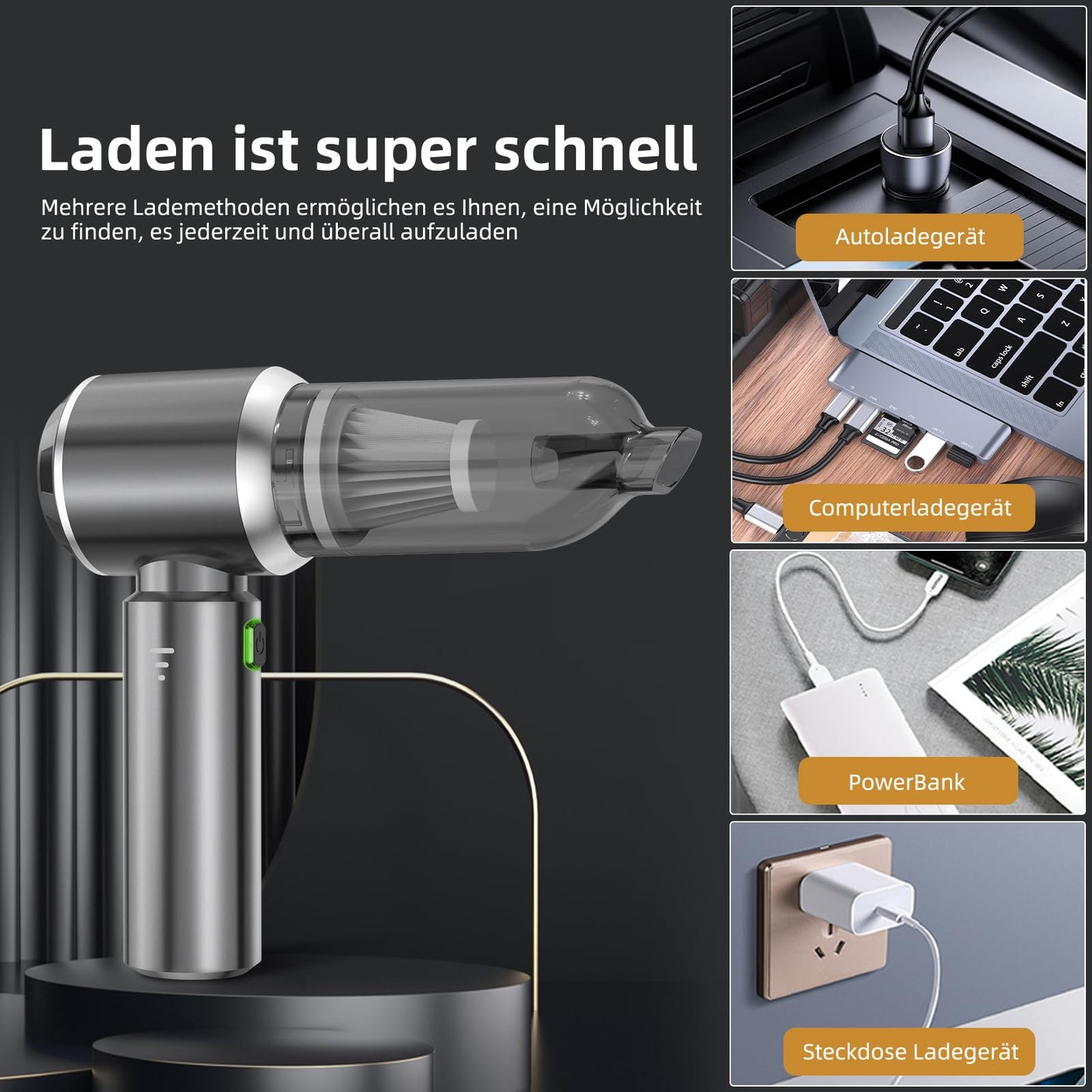 NVKHG Handstaubsauger, Handstaubsauger Akku, 18000Pa Autostaubsauger mit Bürstenloser Motor, 3-Gang Mini Staubsauger, Auto Kabellos Staubsauger für Büro Genutzt, Haus, Küche, Tierhaare
