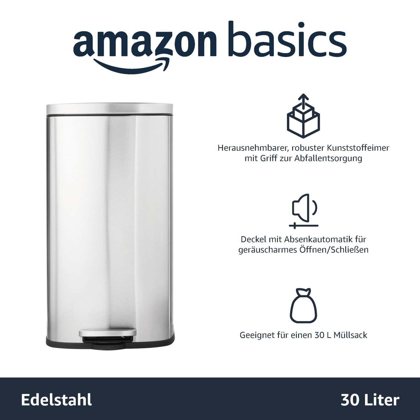 Amazon Basics 30 l Mülleimer für die Küche mit Stahlrohrpedal - 7.9 gallons Sanft Schließend mit Deckel, für Küche, Bad oder Büro, Rechteckig, Schwarz, Trash Can