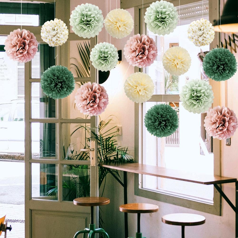 16 Stück Pompons Deko Salbeigrün Rosa Olivgrün Beige Seidenpapier Pompoms Grün Rosa Sage Green Party Deko für Brautparty Babyparty Geburtstagsdeko Grün Rosa Rustikale Hochzeit Salbeigrün
