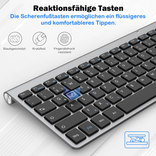 PINKCAT Kabelloses Tastatur Maus Set kabellos 2.4G Kabellose Kompakte Tastatur mit Funkmaus für Laptop, PC und Smart TV Deutsches QWERTZ Layout(Grau&Schwarz)