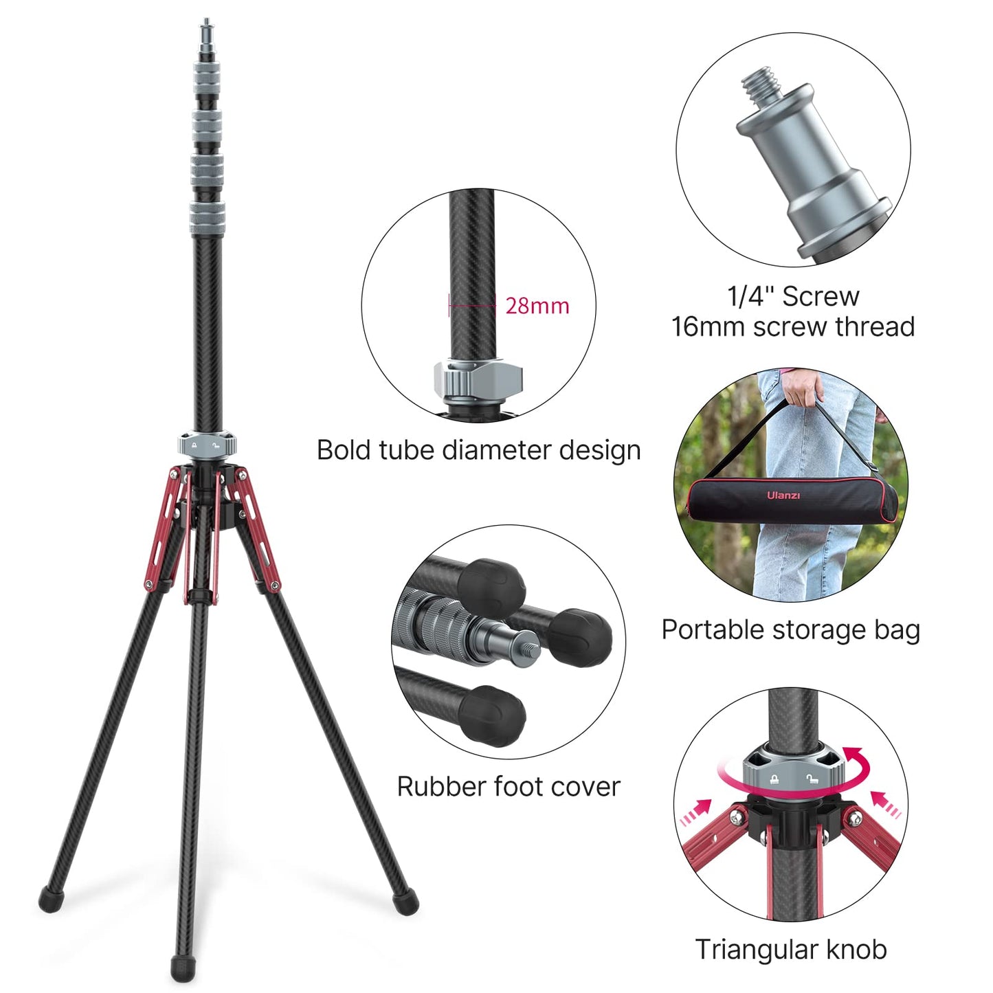 ULANZI MT-49 Lampenstativ aus Kohlefaser, 194cm/76.4inch, Stabiles Light Stand für Studio Kits, Softbox, Reflektor, Ringlicht und COB Licht, inkl. Tragetasche