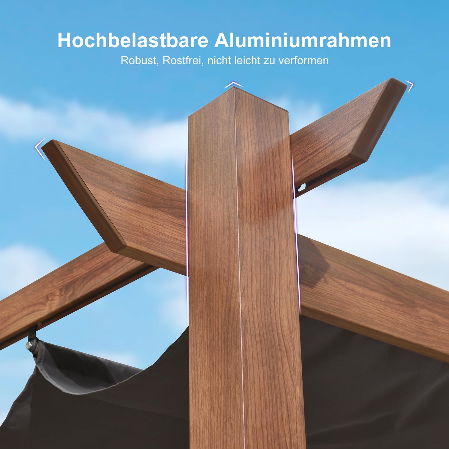 PURPLE LEAF Pergola 3 x 4 m Holzoptik Terrassenüberdachung Rostfreier Aluminium Pavillon mit Einziehbarem Dach Freistehend mit Markisenschutz, Grau