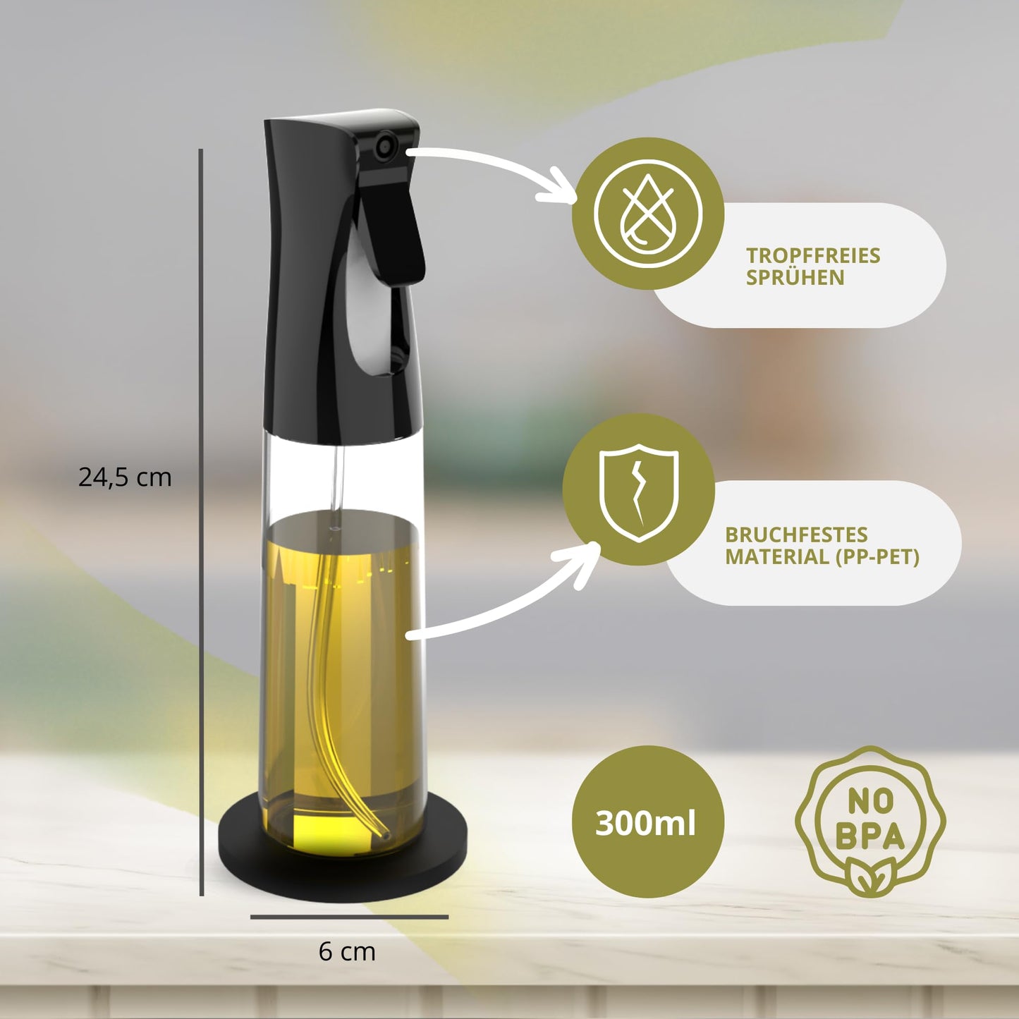2 x 300ml ölsprüher für speiseöl + Trichter + 2 rutschfeste Halterungen | BPA-freies Kochspray für Öl, Essig, Soja, Zitrone