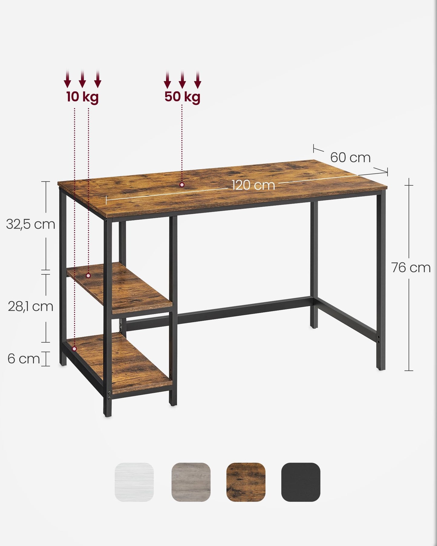 VASAGLE Schreibtisch, Computertisch, PC-Tisch, Bürotisch, mit 2 Ablagen auf der rechten oder linken Seite, fürs Büro, Wohnzimmer, Stahlgestell, Industrie-Design, vintagebraun-schwarz LWD47X