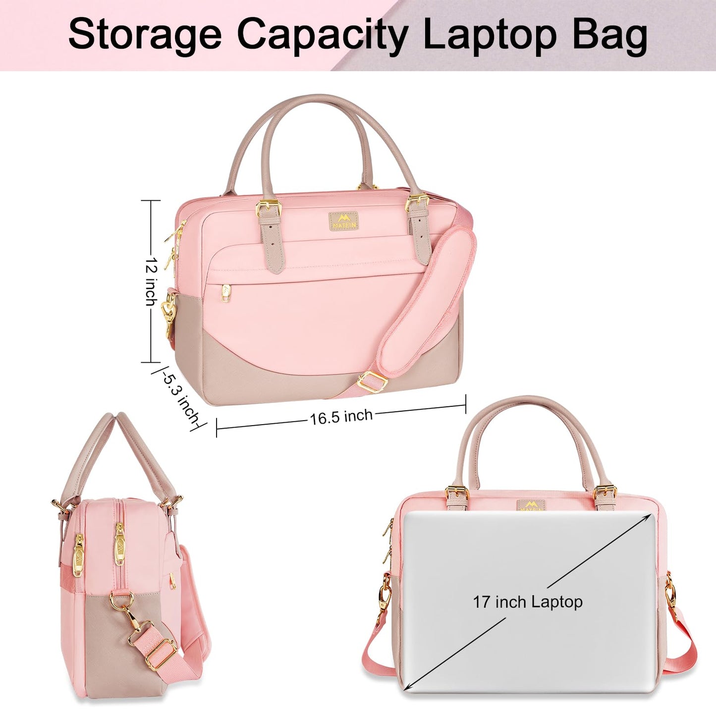 MATEIN Handtasche Damen Groß, Laptoptasche 17,3 Zoll Arbeitstasche mit Vielen Fächern Messenger Bag Businesstasche Frau Aktentasche Bürotasche Pink Laptop Bag Umhängetasche für Schule, Reisen, Rosa
