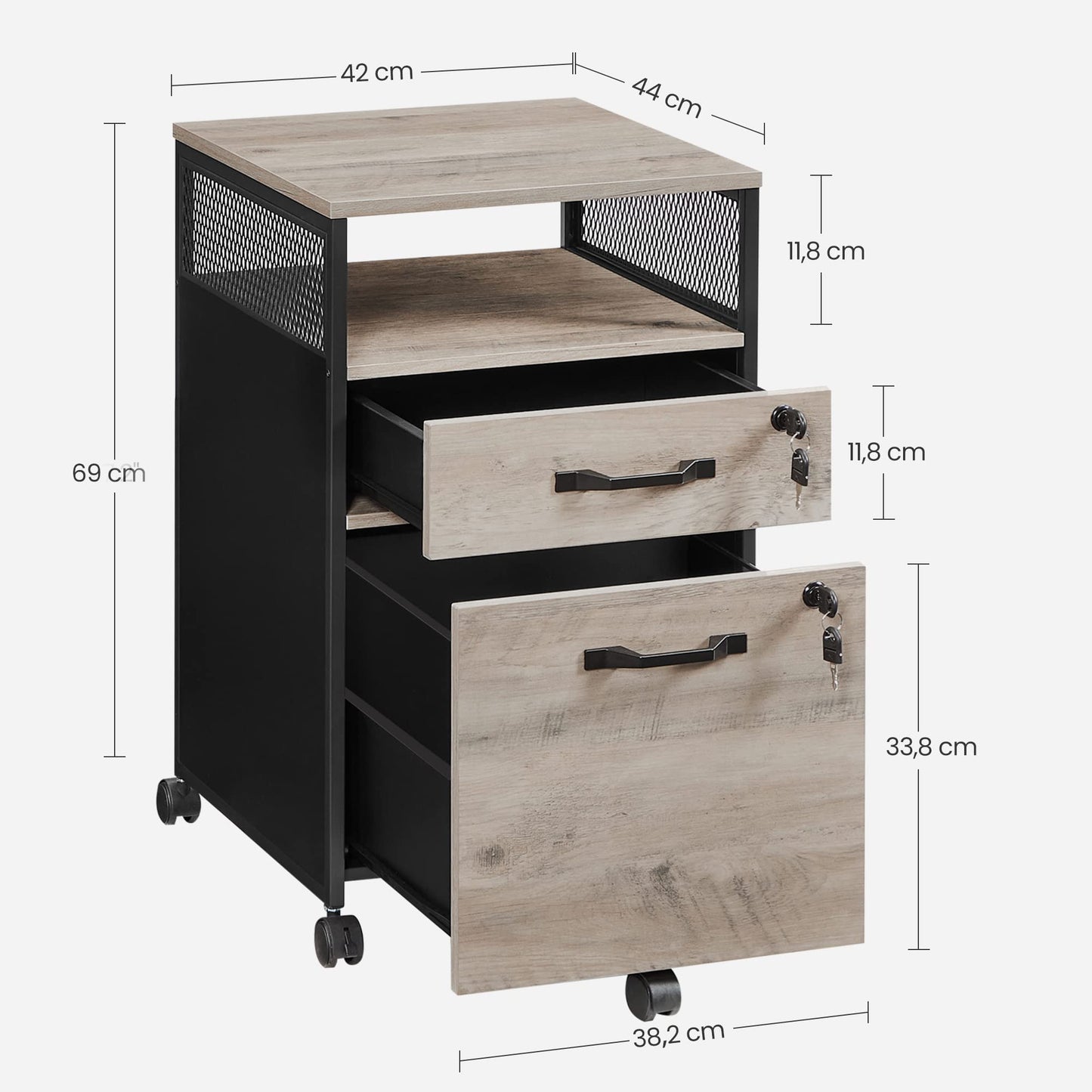 VASAGLE Rollcontainer, Aktenschrank mit 2 Schubladen, mobiler Büroschrank mit Rädern, offenes Fach, Hängeregistratur, Stahlgestell, Industrie-Design, greige meliert-tintenschwarz OFC077B02