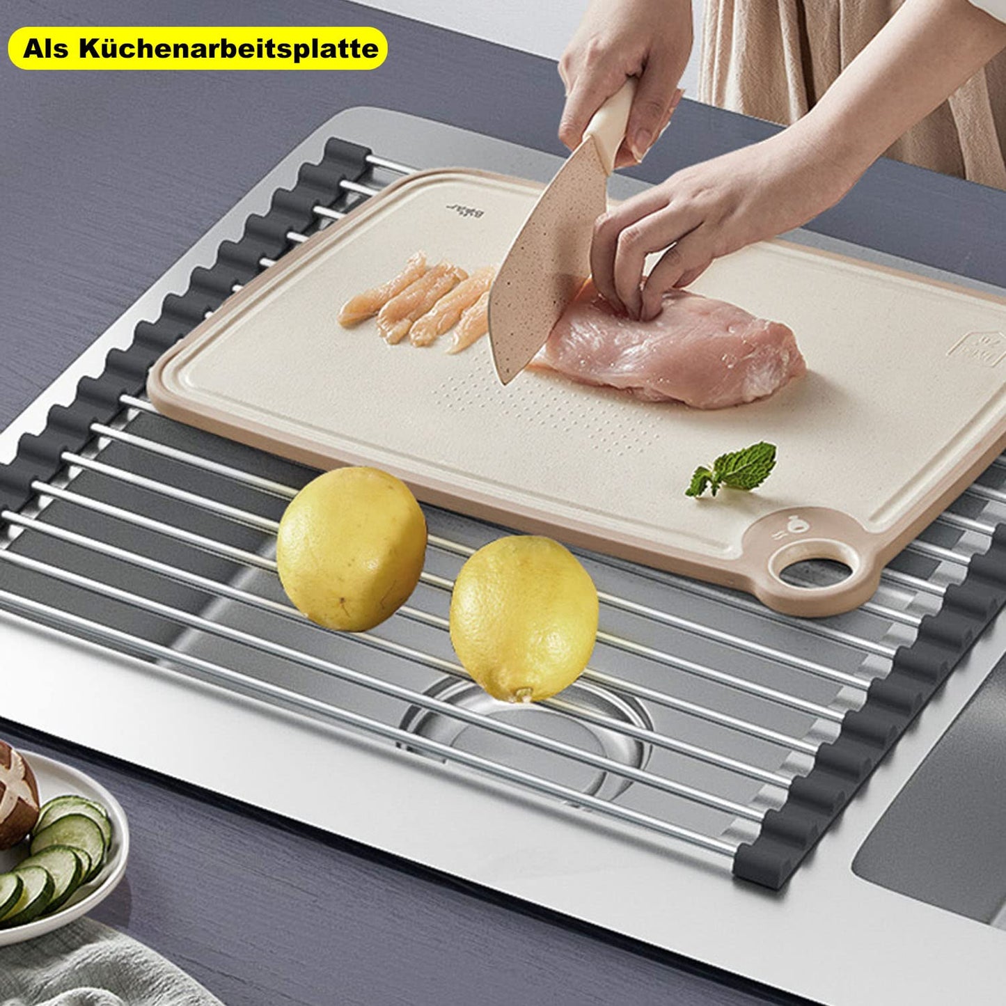 ViWaVee Abtropfgestell Geschirr, Faltbare und Abnehmbare Geschirrabtropfgestell über Dem Spülbecken, Abtropfmatte, Abtropfgitter spüle für Tassen, Obst, Gemüse, Super Küchen Organizer (Schwarz(43*35))