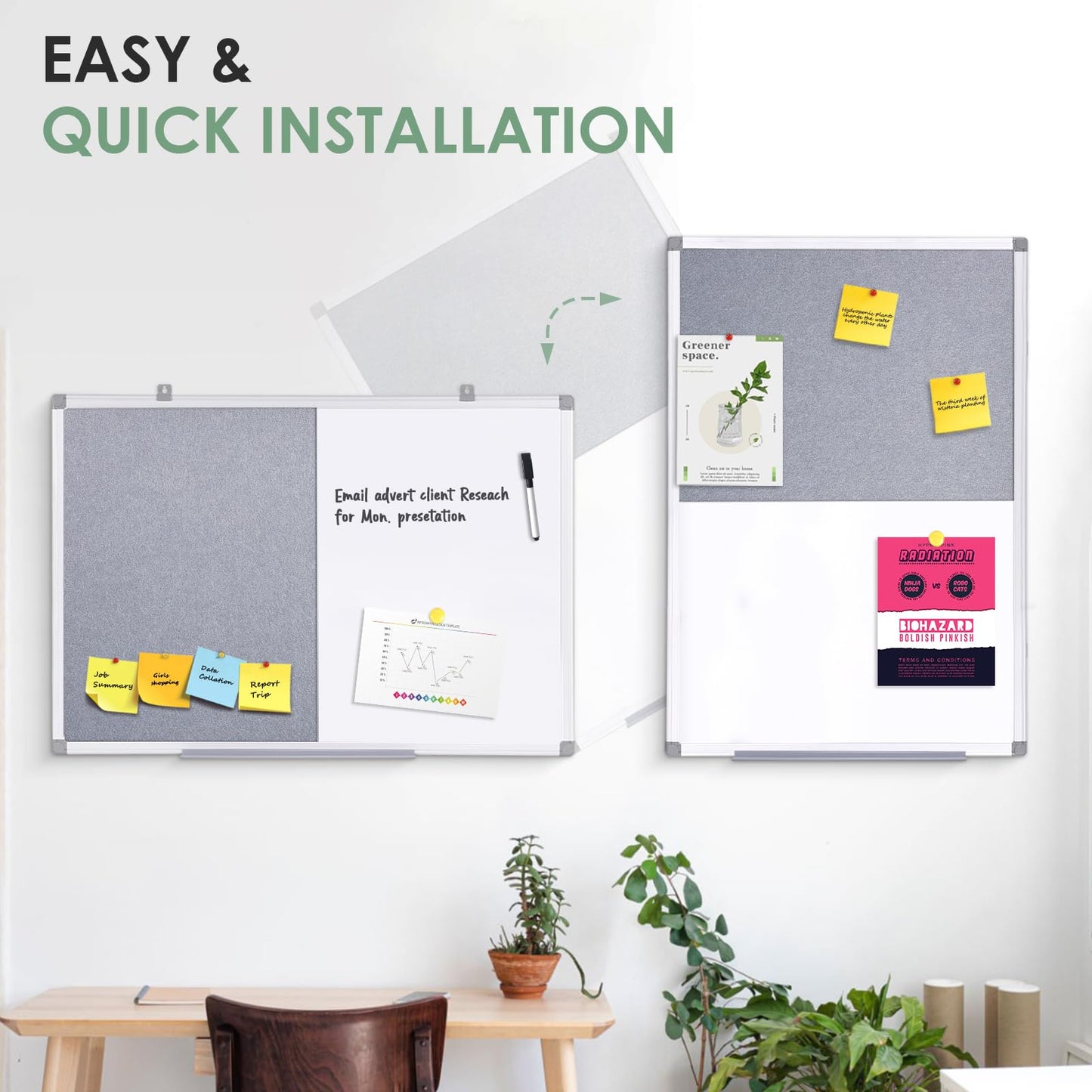 Swansea Whiteboard Magnettafel und Pinnwand Filz mit Aluminiumrahmen für Wohnung, Büro, Küche und Schule, 60X45cm