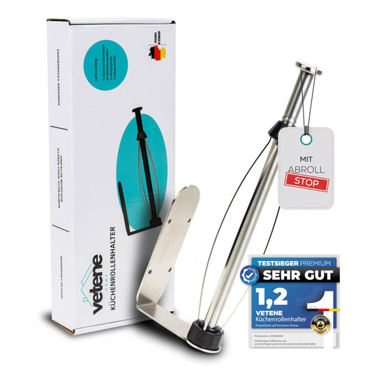 vetene® Premium Küchenrollenhalter ohne Bohren (Zum Einhändig Abreißen) – Edelstahl Silber mit Abroll-Stop – Zewa Rollenhalter – Küchenpapierhalter