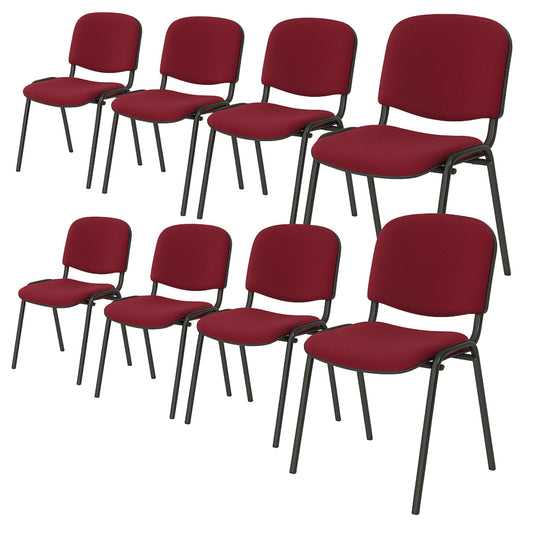 Topsit 8er-Set bordeauxfarbener stapelbarer Besucherstühle ohne Armlehnen mit Metallgestell und Polsterung, ideal für Büros, Rezeptionen und Konferenzräume, gestapelt in einem professionellen Setting.