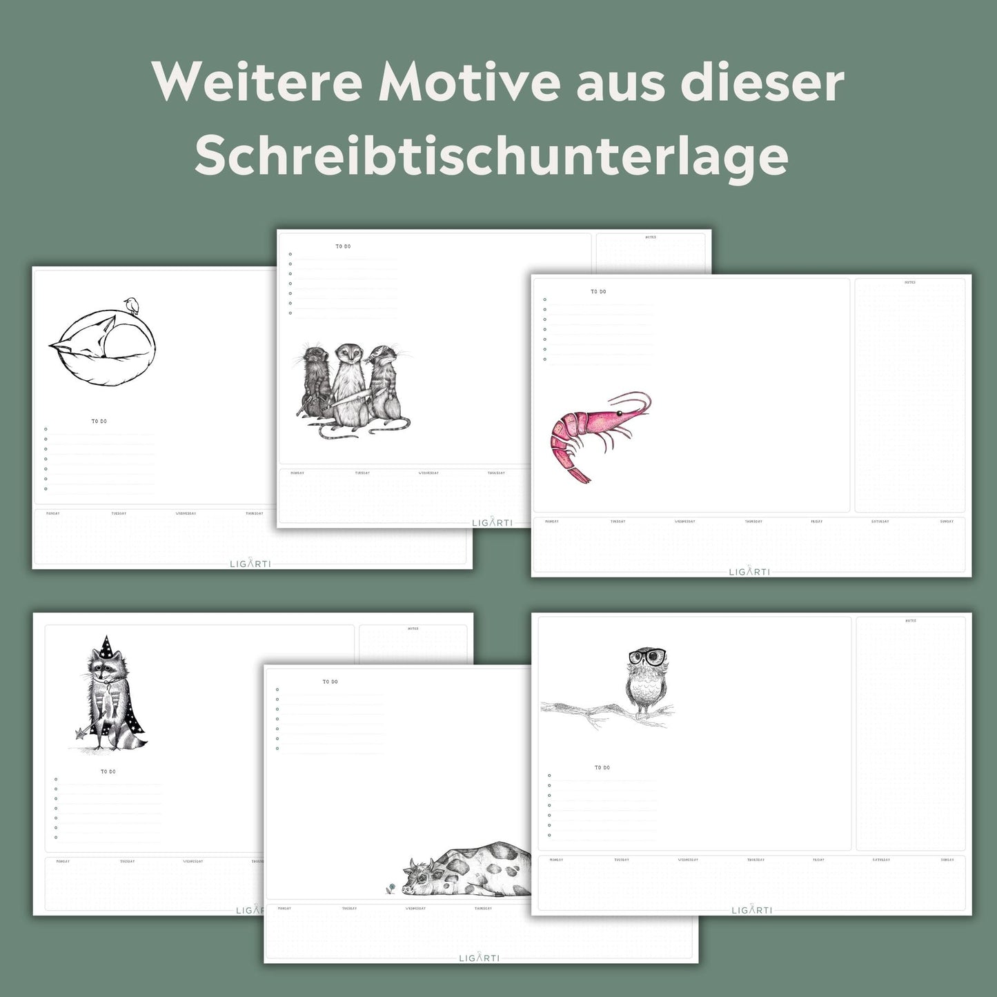 Ligarti Schreibtischunterlage Papier (100% nachhaltig) A3+ Wochenplaner Block mit To Do Liste und wechselnden Motiven - Weekly Planner undatiert, Schreibtisch Unterlage (AllStars)