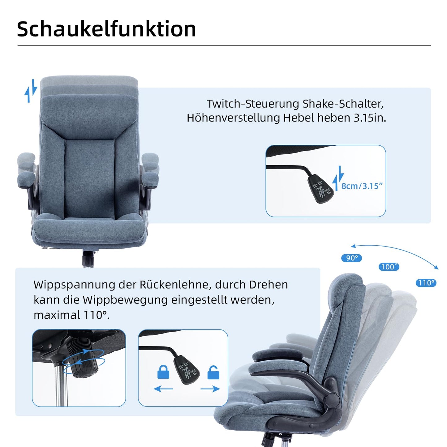 MZLEE Ergonomischer Bürostuhl Computerstuhl Schreibtischstuhl Drehbarer Arbeitsstuhl mit hochklappbarer Armlehne, höhenverstellbar, Bequem für Büro Heim Gaming (Navy blau)