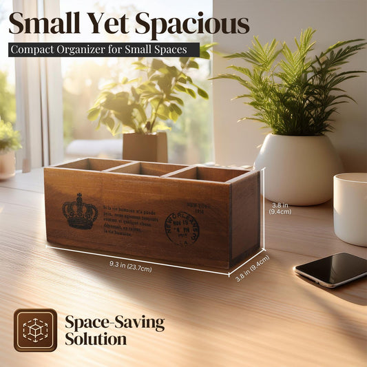 Flexzion Rustikaler hölzerner Stifteköcher für den Schreibtisch, 3 Fächer, Schreibtisch-Organizer, multifunktionaler Fernbedienungshalter für Zuhause, Schule und Büro