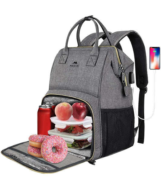 MATEIN Damen Laptop Rucksack 15,6 Zoll mit Isoliertes Kühlfach, Kühlrucksack mit USB Ladeanschluss, Wasserdicht Kühltasche Lunch Tasche für Frauen Herren Arbeit Business, Grau