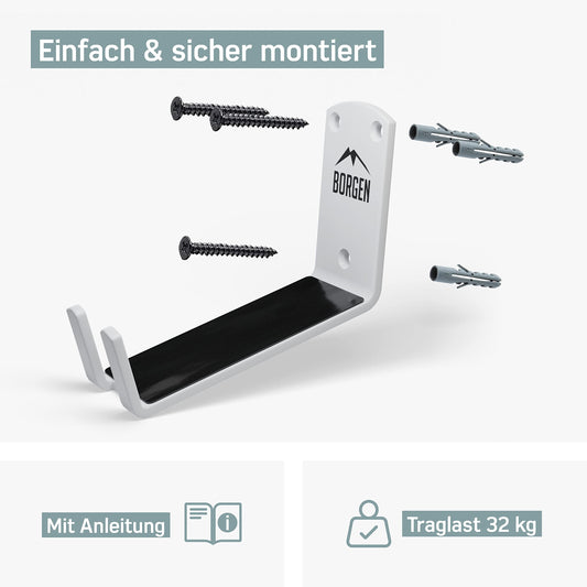 Borgen Fahrrad Wandhalterung mit 30 kg Tragkraft – Pedalhalterung für E-Bike, MTB und Rennrad, Weiß