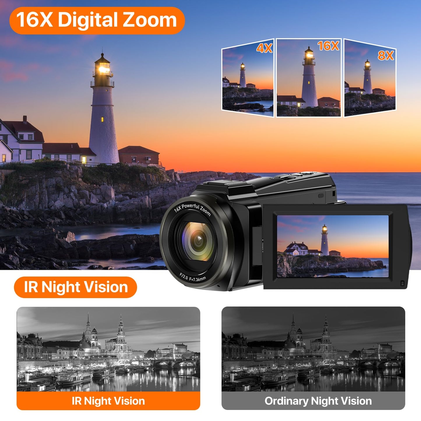 Videokamera 5K Camcorder WiFi HD 48MP IR Nachtsicht Vlogging Kamera für YouTube 16X Digital Zoom 3" Touchscreen Kamera Recorder mit Mikrofon, Handstabilisator, Objektivhaube, Fernbedienung,2 Batterien