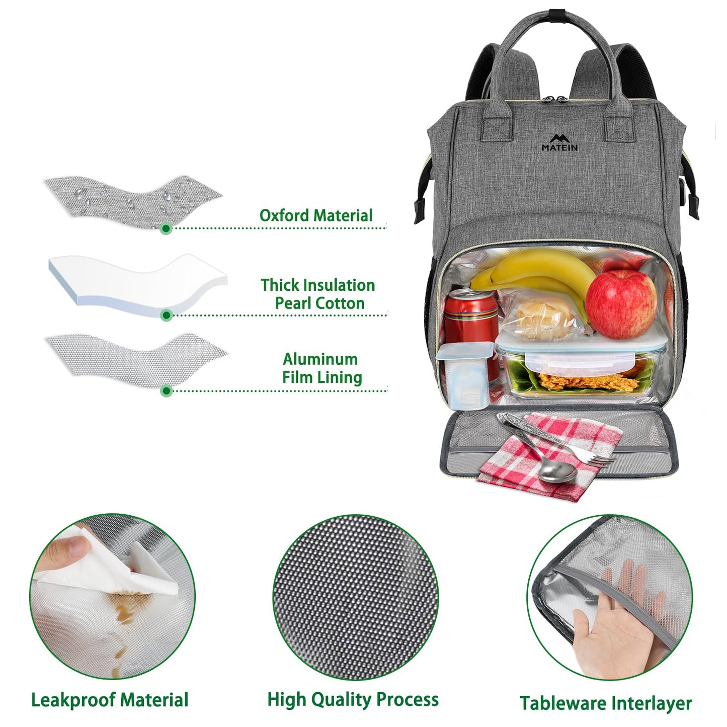 MATEIN Damen Laptop Rucksack 15,6 Zoll mit Isoliertes Kühlfach, Kühlrucksack mit USB Ladeanschluss, Wasserdicht Kühltasche Lunch Tasche für Frauen Herren Arbeit Business, Grau