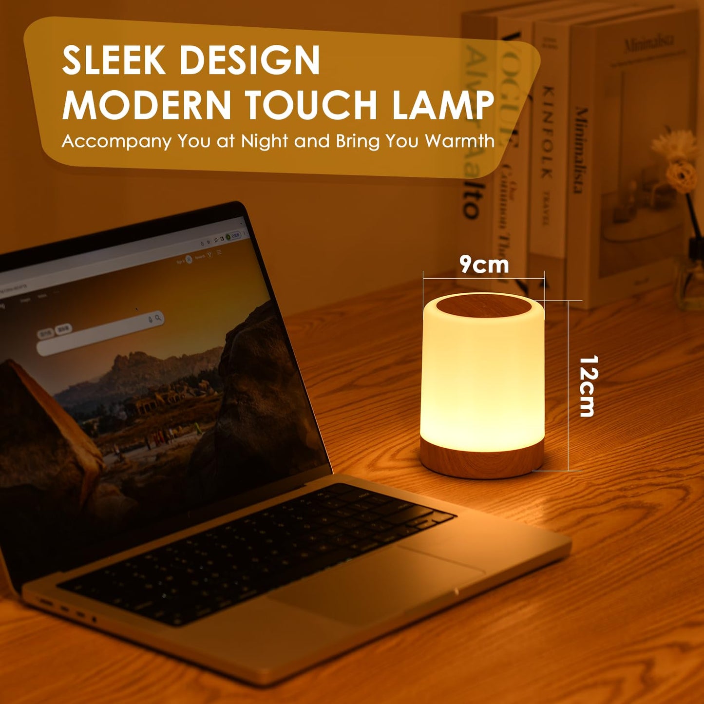 Auxmir LED Nachttischlampe Touch Dimmbar mit 256 RGB Farben & 4 Modi, Tischlampe Kabellos USB Aufladbar, Nachtlicht Holzmaserung Timing Funktion, Tragbar Nachtlampe für Schlafzimmer Wohnzimmer Camping