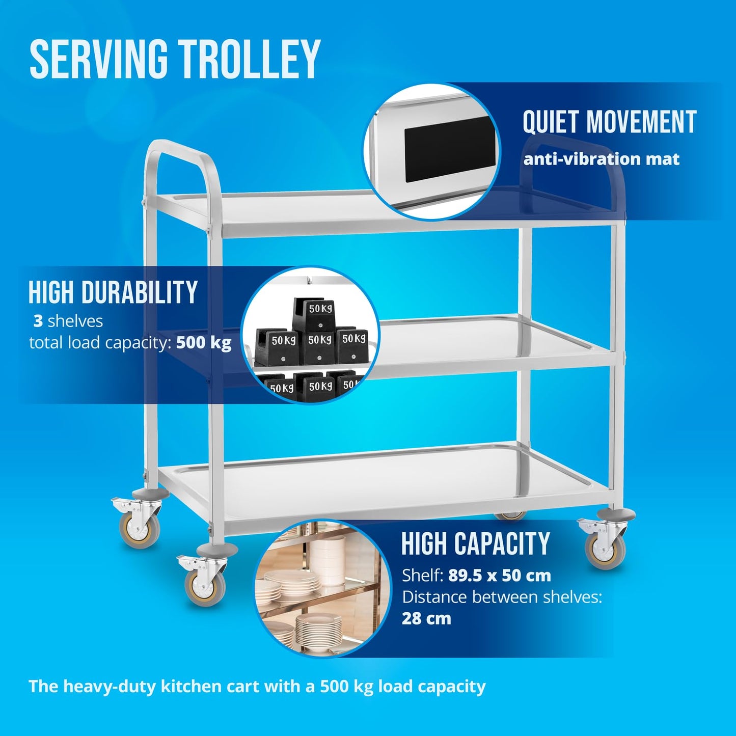 Royal Catering Servierwagen mit Rollen, 3 Tabletts RCSW 3 (101 x 55 x 96,5 cm, Tragkraft 480 kg, Dicke der Regale: 3 cm)