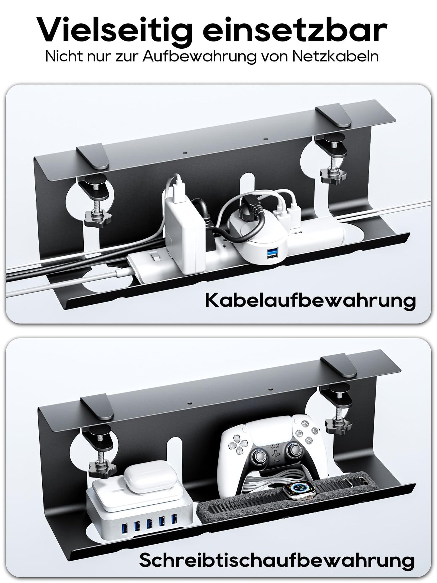 NODOCA Kabelmanagement unter dem Schreibtisch, Ohne Bohren Untertisch Kabelmanagement, Kabelkanal Schreibtisch, Kabelkorb zum Verwalten von Kabeln und Steckdosenleisten - 43×15×12cm, Schwarz