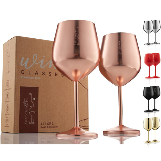 Weingläser mit Stiel aus Edelstahl - Unzerbrechliche Kelche mit 540 ml Fassungsvermögen für Poolpartys im Freien, Jubiläen - Elegantes Trinkgeschirr in Roségold für Champagner und Cocktails (2er Pack)