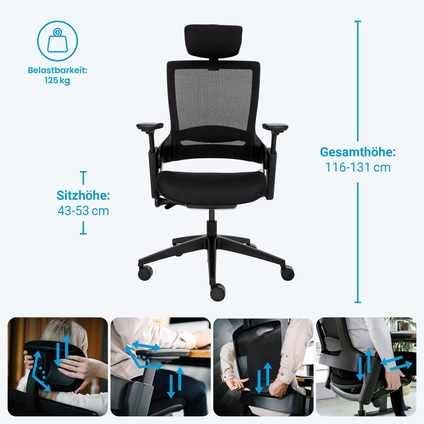 Ergotopia NextBack | Ergonomischer Bürostuhl gegen Rückenschmerzen | Schreibtischstuhl ergonomisch | Zusätzliche Kopfstütze gegen Nackenschmerzen - 5 Jahre Garantie