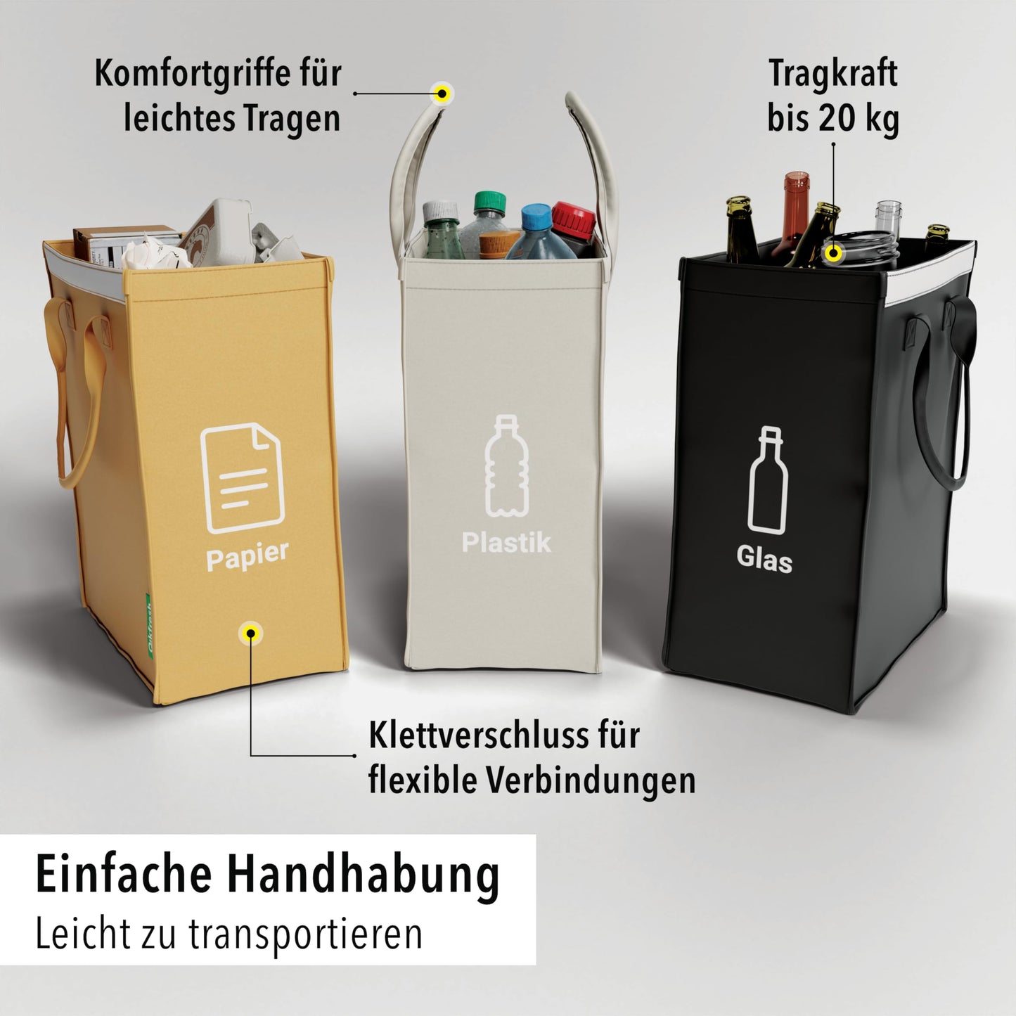 qikfresh - Mülltrennsystem 3er Set | Abfalltrennsystem mit 3 Fächer zum Recycling von Altglas, Altpapier, Kunststoff, Leergut, etc. | Sammelbehälter zur Abfall Aufbewahrung (Symbole + Text)