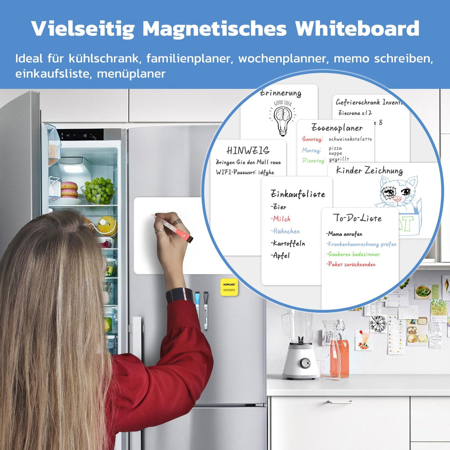 HOMiDEK Whiteboard Folie Magnetisch für Kühlschrank: A4 Magnettafel Für Familie Menü Wochenplaner, Einkaufsliste, to do liste - Klein Magnet White Board mit 3 Markers und Radierer, 20x30cm