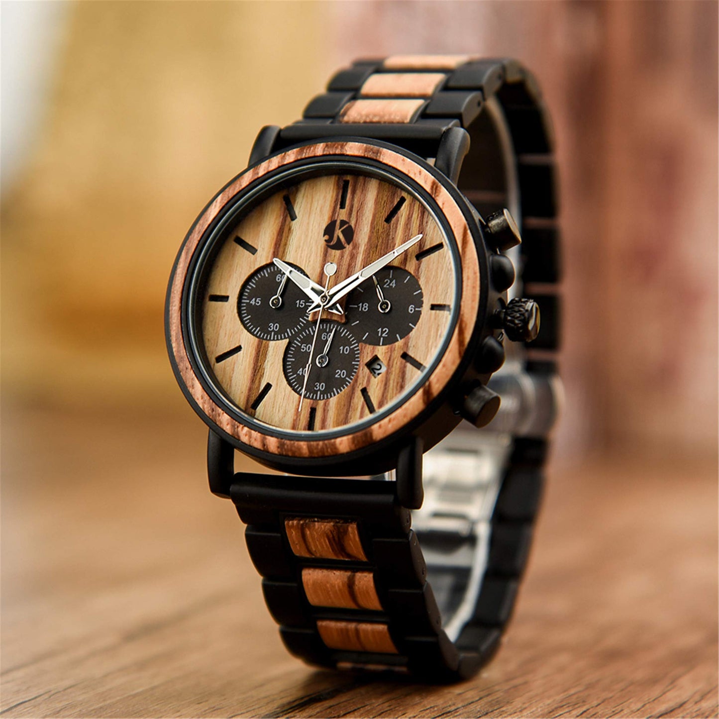 Kim Johanson Herren Holz-Edelstahl Armbanduhr *Military* in Hellbraun Chronograph mit Stoppuhr & einem Gliederarmband Handgefertigt Quarz Analog Uhr inkl. Geschenkbox
