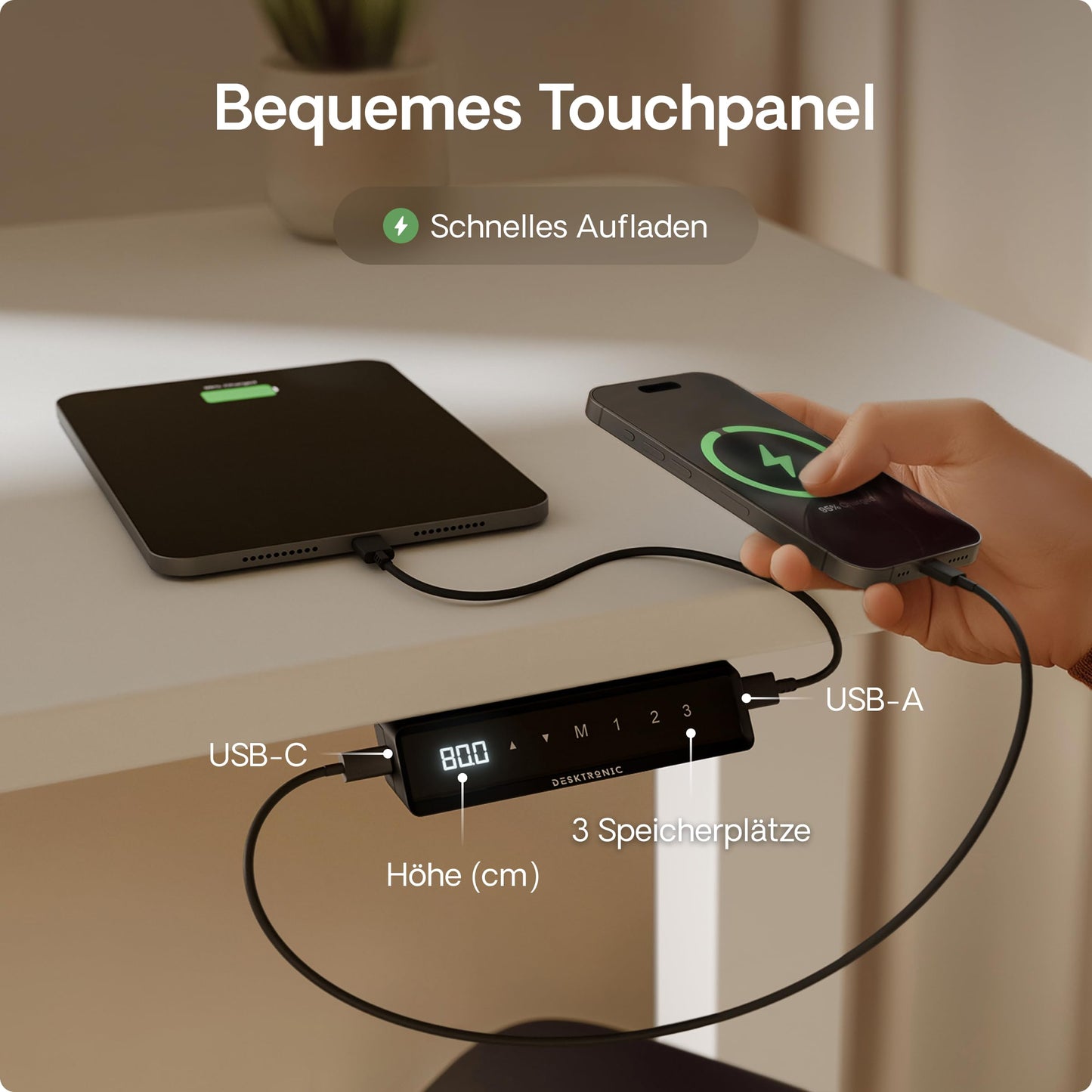 Desktronic Homeone Höhenverstellbarer Schreibtisch 160 x 80 cm, Elektrisch mit 2 Motoren, Touchscreen und USB-Anschlüssen, Weiß