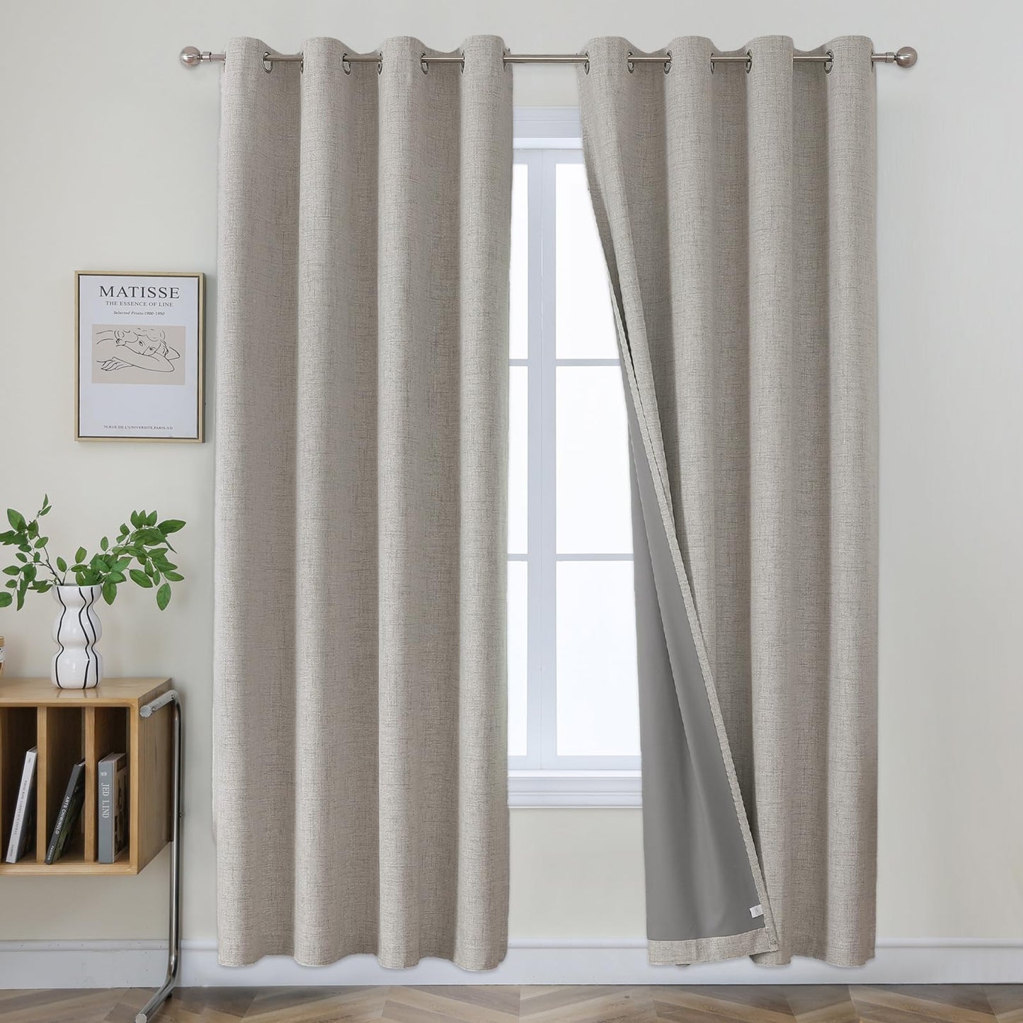 Joydeco 100% Blickdichte Vorhänge mit Ösen Gardinen Leinenoptik 2 Stück H 175 x B 140, Verdunkelungsvorhang Leinen Weiß Thermovorhang Hitzeschutz Grauweiß, für Schlafzimmer Wohnzimmer
