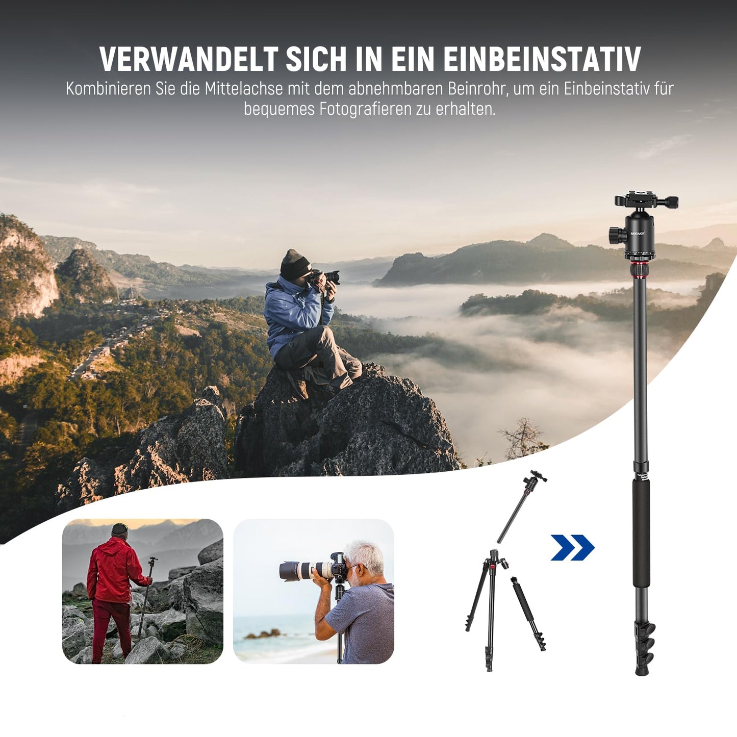 NEEWER 77" Kamerastativ Einbeinstativ für DSLR, Telefon mit 360° Panoramakugelkopf, 2 Achsen Mittelsäule, Arca Typ QR Platte, kompaktes Aluminium Leichtgewicht Reisestativ 34lb(Max), Tasche inklusive