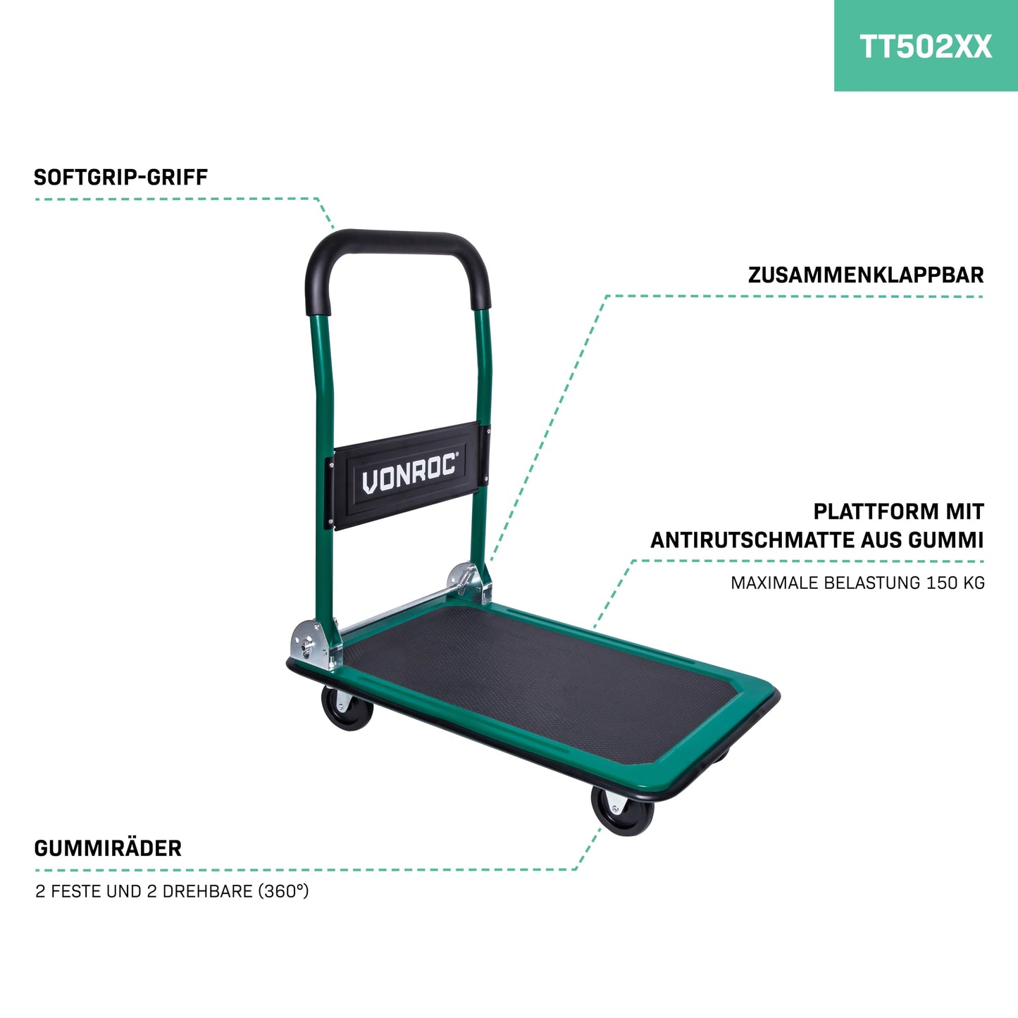 VONROC Plattformwagen klappbar 150kg - Rollwagen als Transporthilfe - Transportwagen mit Griff