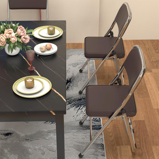 PIPIPOXER Konferenzstuhl klappbar,4er Set Essstühle Klappstühle Klappstühle aus kuschelig PU Leder und Stahlrahmen,Stabiler Klappstuhl Furniture mit für Gäste im Freien Braun 45x46x82cm