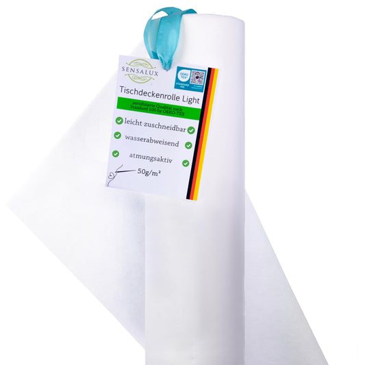 Sensalux Light Tischdeckenrolle, Oeko-TEX ® 100 - Made in Germany - 25m lang (Farbe nach Wahl), weiß, 1,10m x 25m, stoffähnliches Vlies, ideal für Jede Party, Vereinsfeier, Geburtstagsfeier