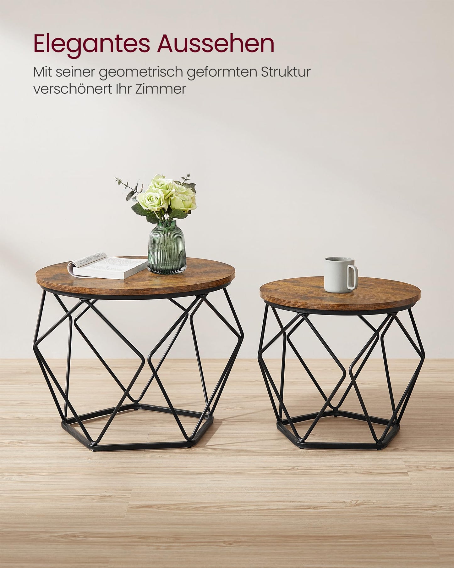 VASAGLE 2er-Set Runder Couchtisch, Vintage Braun/Tinten Schwarz, Beistelltisch mit Abnehmbarer Platte, Industrie-Vintage für Wohnzimmer