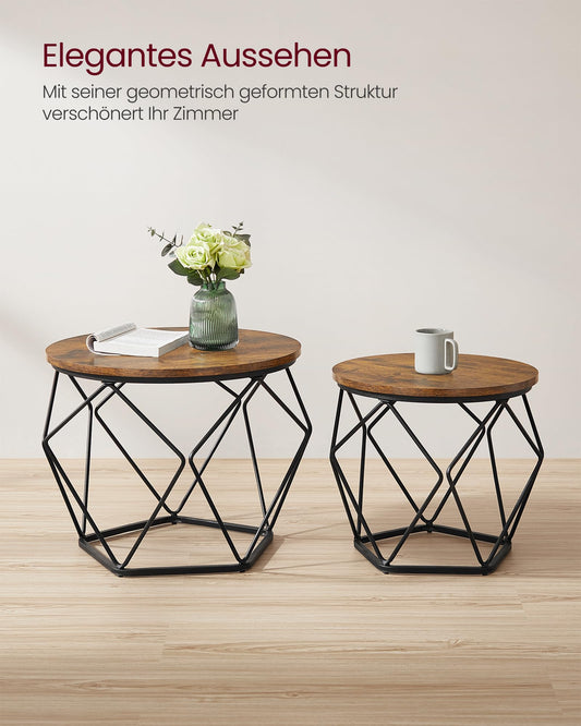VASAGLE 2er-Set Runder Couchtisch, Vintage Braun/Tinten Schwarz, Beistelltisch mit Abnehmbarer Platte, Industrie-Vintage für Wohnzimmer