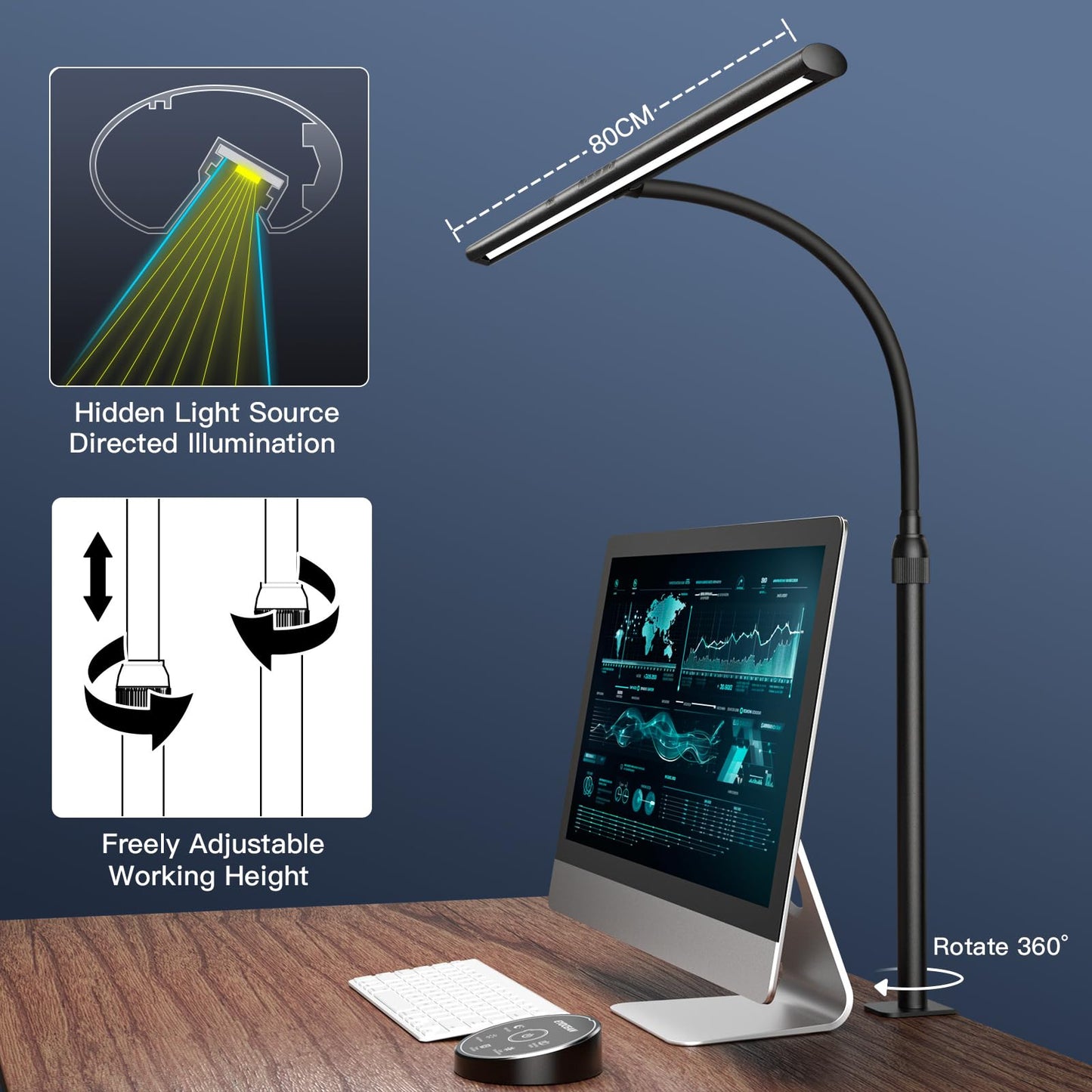 EYOCEAN Schreibtischlampe LED, 24W 80CM Tischlampe mit Gestensteuerung, Dimmbare Tageslichtlampe Augenschutz Monitor Lampe für Arbieter in Büro Leser Architekenden Schneider