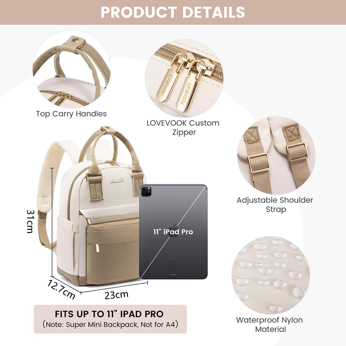 LOVEVOOK Rucksack Damen Klein, Wasserdicht Cityrucksack Handtasche 2 in 1 mit USB Ladeanschluss, Mini Tasche Daypack Backpack Women Elegant für Freizeit Schule Reisen Arbeit, Khaki Beige