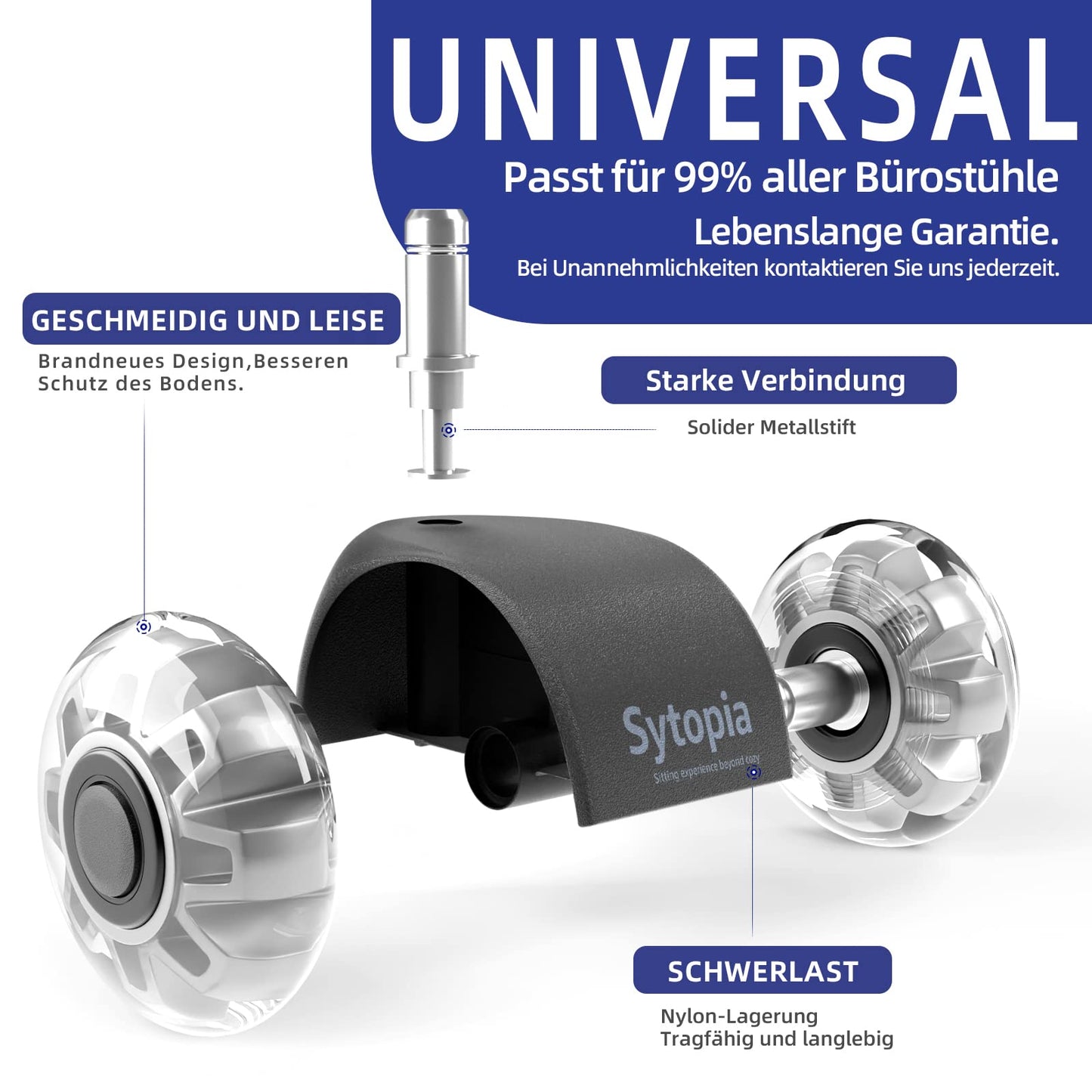 Sytopia Bürostuhl Rollen 11mm x 22 mm, 5er Set Rollen für Bürostühle, Super Leise und Weiche für Hartböden, Parkett, Teppich, Laminat, Keine Bodenschutzmatte Nötig (Passt nicht für 10mm Stift)