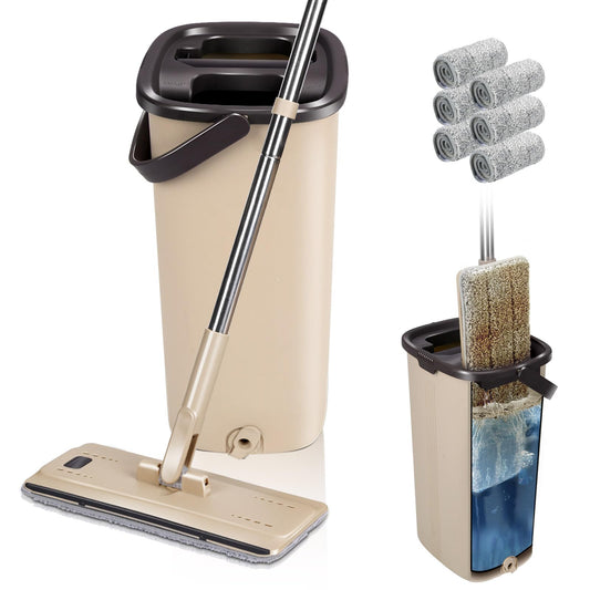 Wischmopp Set mit Eimer, Masthome Bodenwischer Set mit Einstellbar Edelstahlgriff, Putzeimer mit Wischmop mit 6 Mikrofaser Wischpads, Putzset mit Bodenwischer für Alle Bodentypen Bodenreinigung